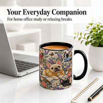 #pl[11oz|Black] French Bulldog Accent Mug, Ceramic Mug with Floral Dog Artwork