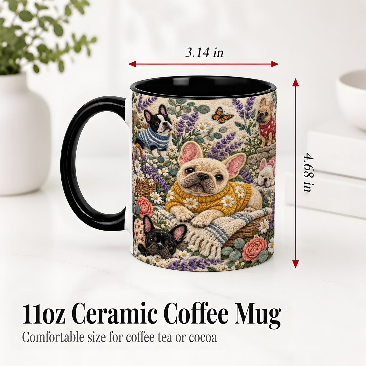 #pl[11oz|Black] French Bulldog Accent Mug, Ceramic Mug with Floral Dog Artwork