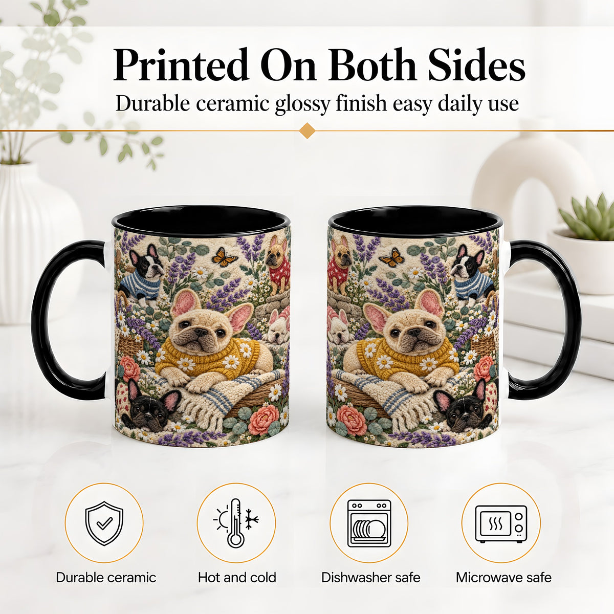 #pl[11oz|Black] French Bulldog Accent Mug, Ceramic Mug with Floral Dog Artwork