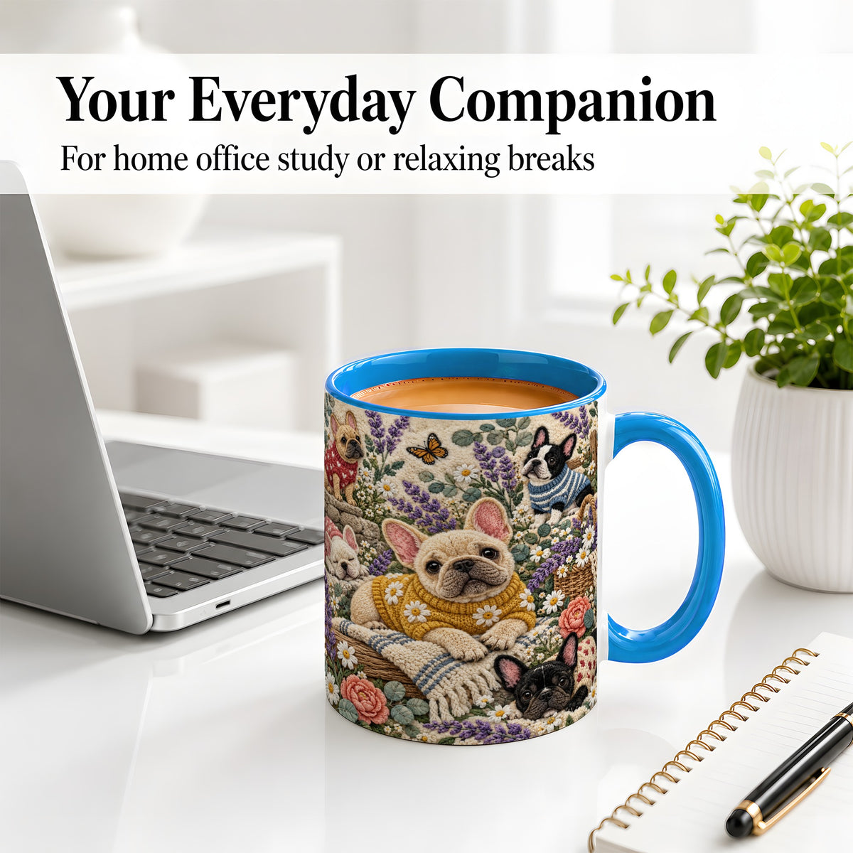 #pl[11oz|Blue] French Bulldog Accent Mug, Ceramic Mug with Floral Dog Artwork