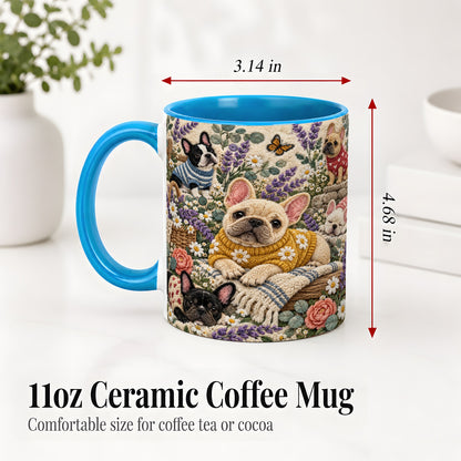 #pl[11oz|Blue] French Bulldog Accent Mug, Ceramic Mug with Floral Dog Artwork