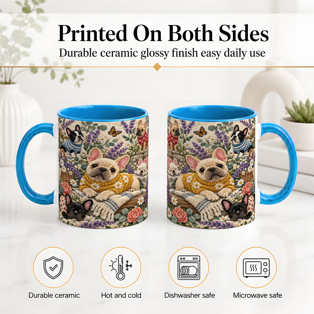 #pl[11oz|Blue] French Bulldog Accent Mug, Ceramic Mug with Floral Dog Artwork
