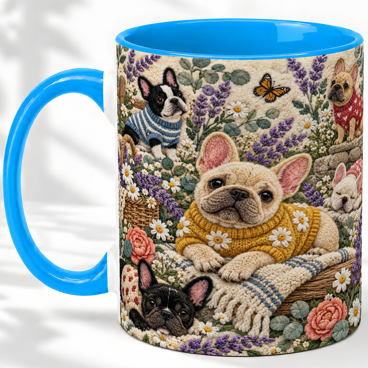 #pl[11oz|Blue] French Bulldog Accent Mug, Ceramic Mug with Floral Dog Artwork