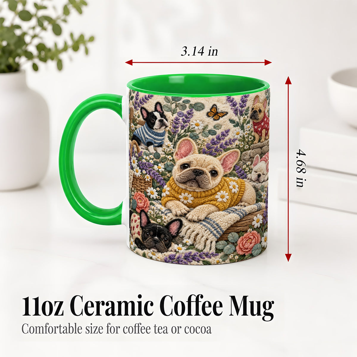 #pl[11oz|Green] French Bulldog Accent Mug, Ceramic Mug with Floral Dog Artwork
