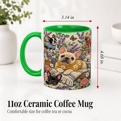 #pl[11oz|Green] French Bulldog Accent Mug, Ceramic Mug with Floral Dog Artwork