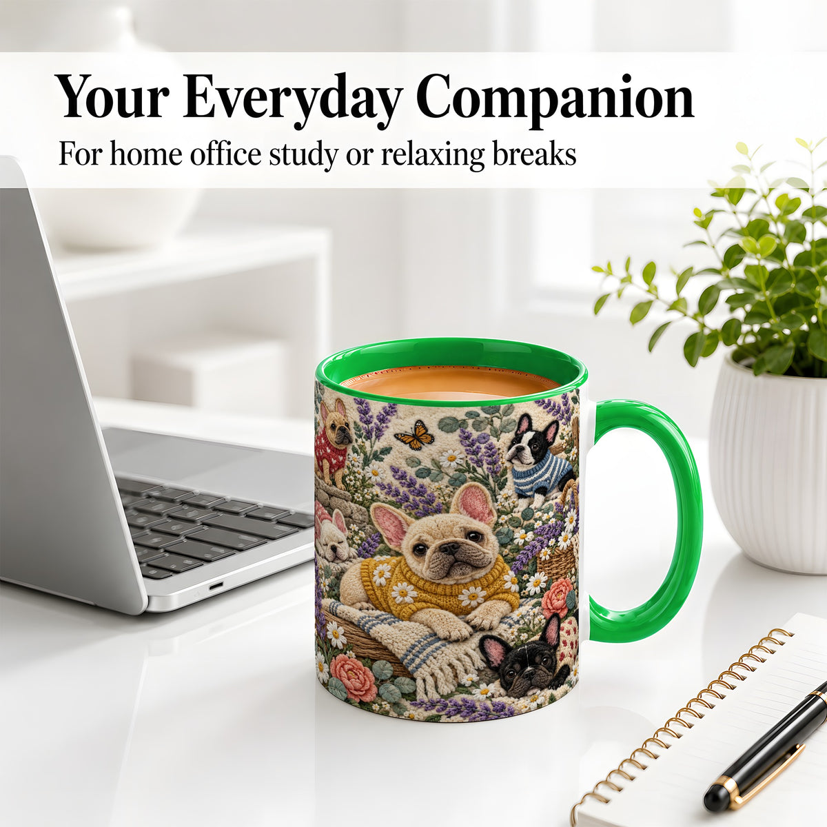 #pl[11oz|Green] French Bulldog Accent Mug, Ceramic Mug with Floral Dog Artwork
