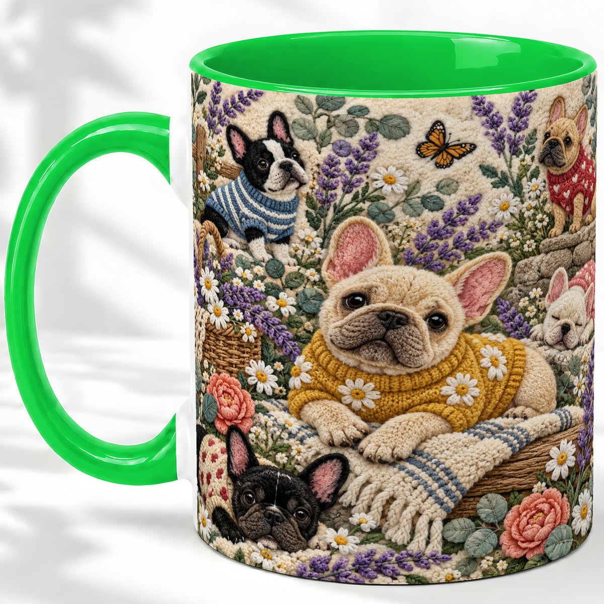 #pl[11oz|Green] French Bulldog Accent Mug, Ceramic Mug with Floral Dog Artwork