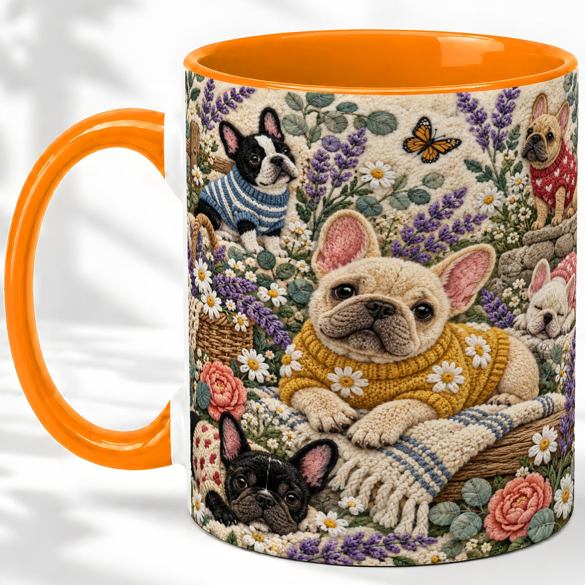 #pl[11oz|Orange] French Bulldog Accent Mug, Ceramic Mug with Floral Dog Artwork