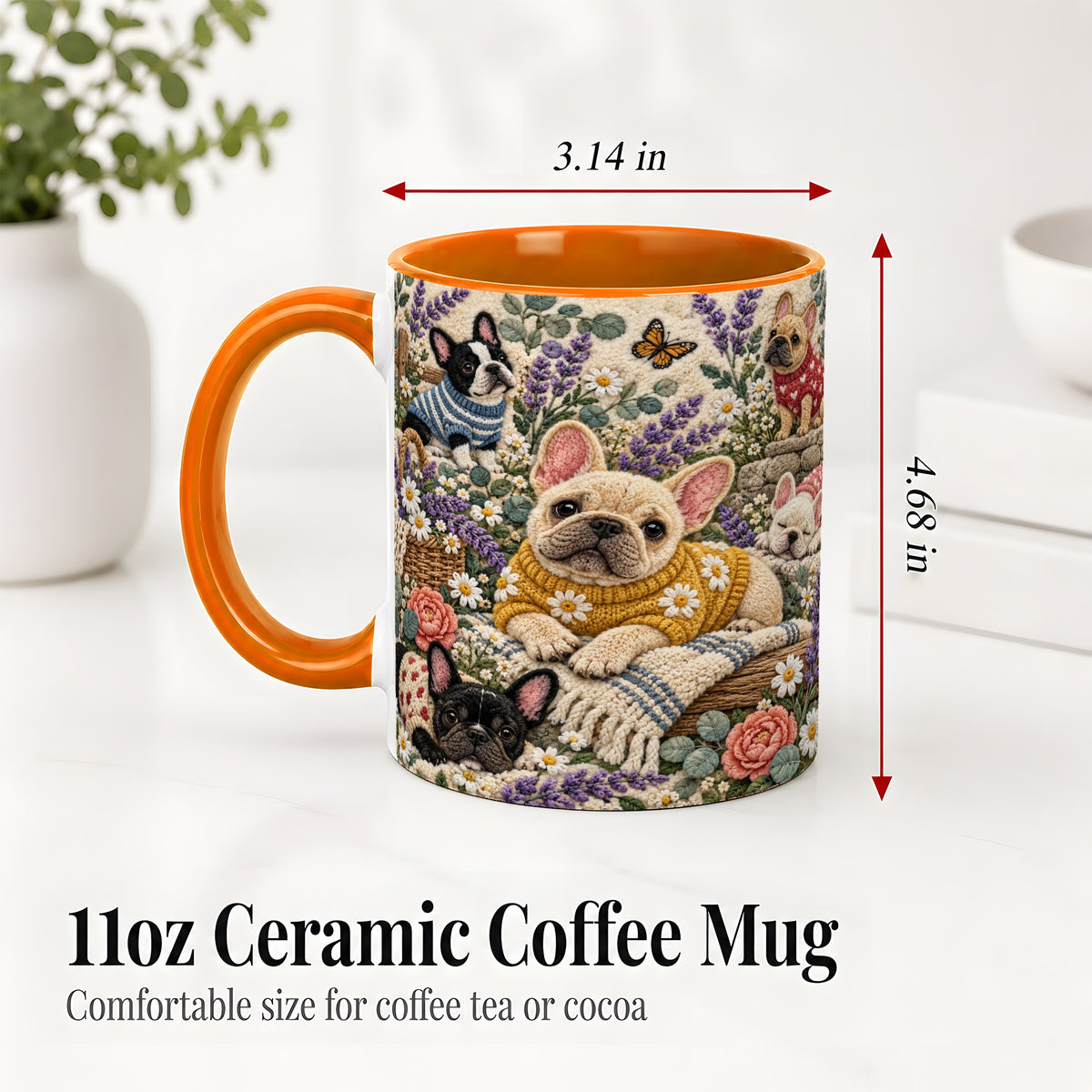 #pl[11oz|Orange] French Bulldog Accent Mug, Ceramic Mug with Floral Dog Artwork