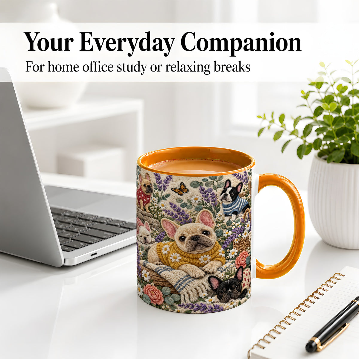 #pl[11oz|Orange] French Bulldog Accent Mug, Ceramic Mug with Floral Dog Artwork