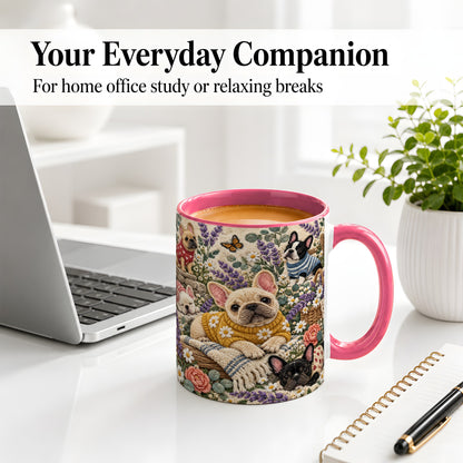 #pl[11oz|Pink] French Bulldog Accent Mug, Ceramic Mug with Floral Dog Artwork