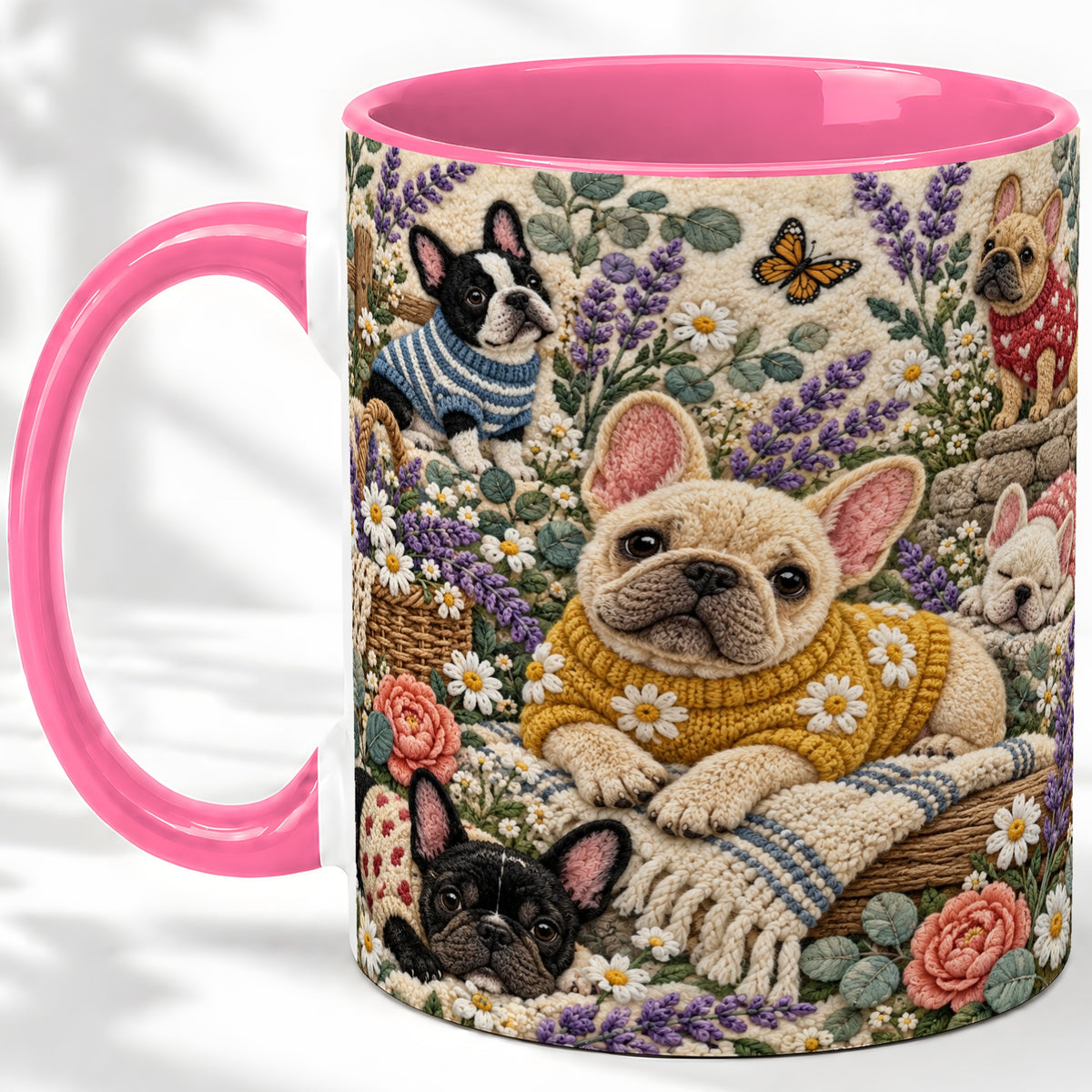 #pl[11oz|Pink] French Bulldog Accent Mug, Ceramic Mug with Floral Dog Artwork