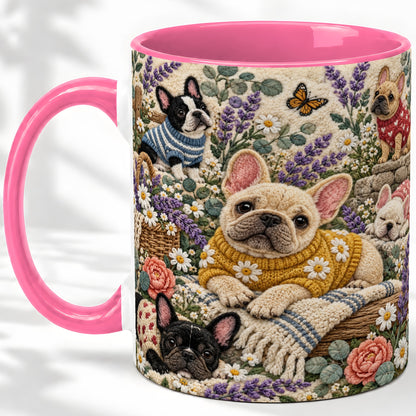 #pl[11oz|Pink] French Bulldog Accent Mug, Ceramic Mug with Floral Dog Artwork