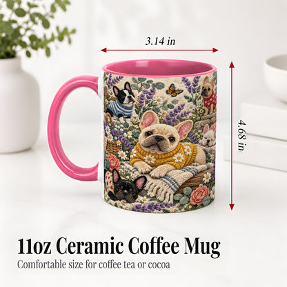 #pl[11oz|Pink] French Bulldog Accent Mug, Ceramic Mug with Floral Dog Artwork