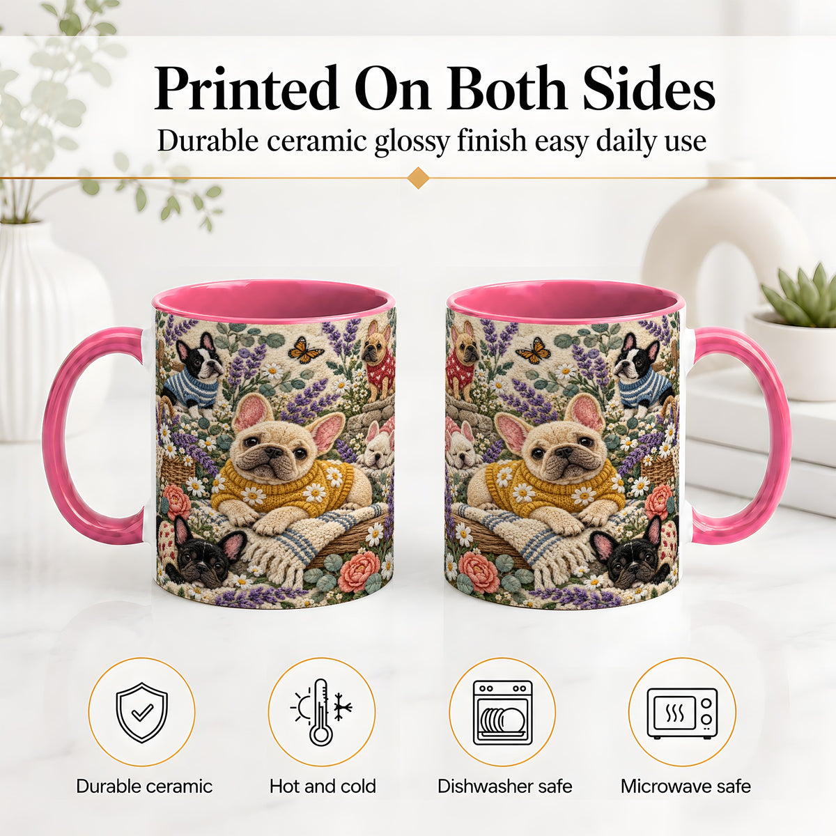#pl[11oz|Pink] French Bulldog Accent Mug, Ceramic Mug with Floral Dog Artwork