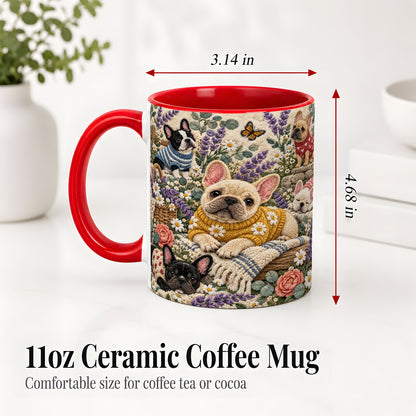 #pl[11oz|Red] French Bulldog Accent Mug, Ceramic Mug with Floral Dog Artwork