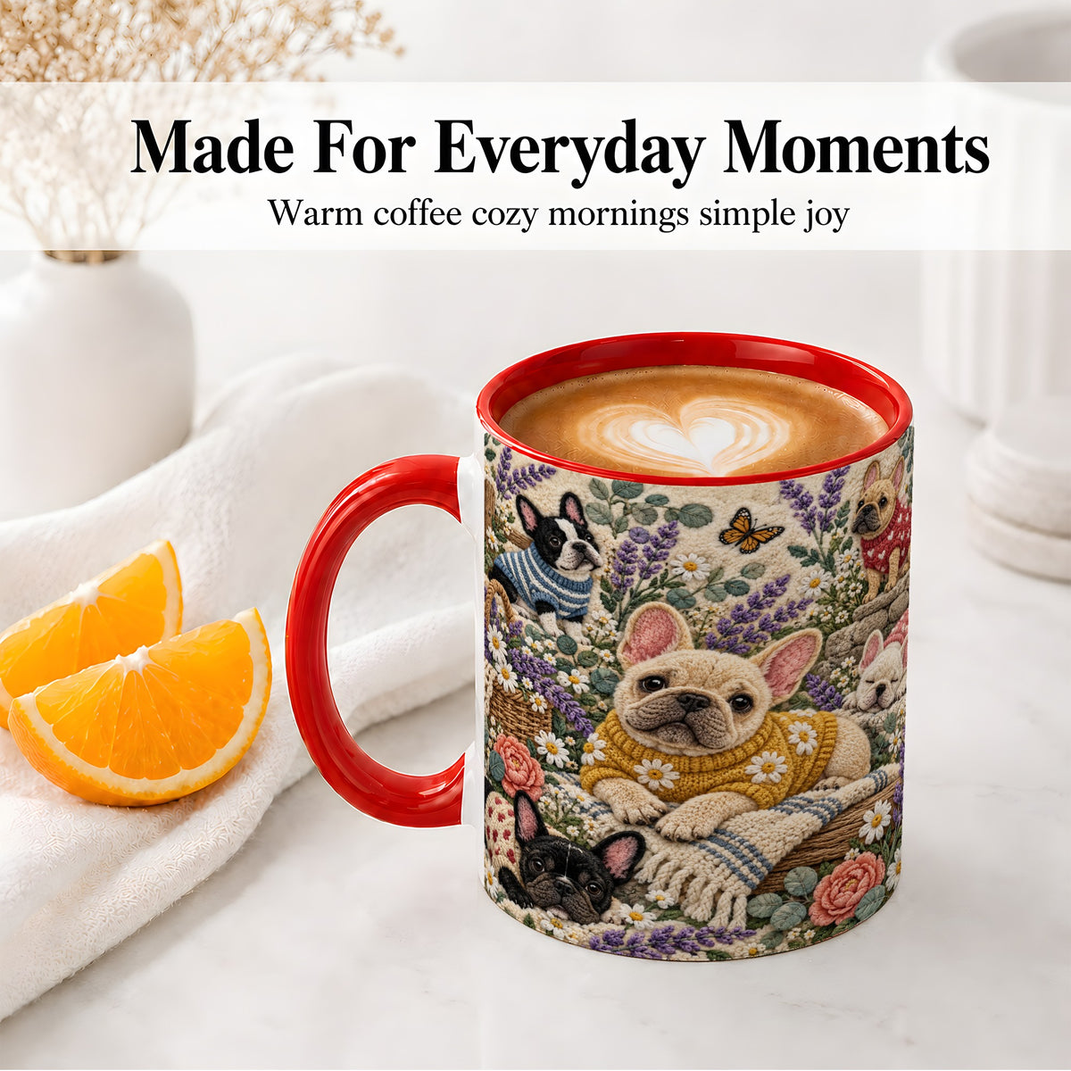 #pl[11oz|Red] French Bulldog Accent Mug, Ceramic Mug with Floral Dog Artwork