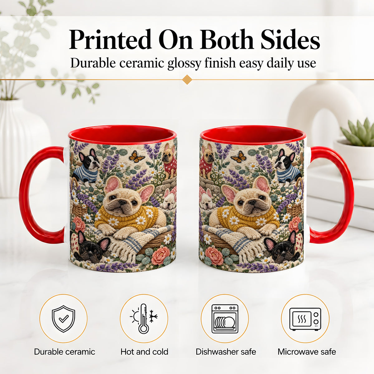 #pl[11oz|Red] French Bulldog Accent Mug, Ceramic Mug with Floral Dog Artwork