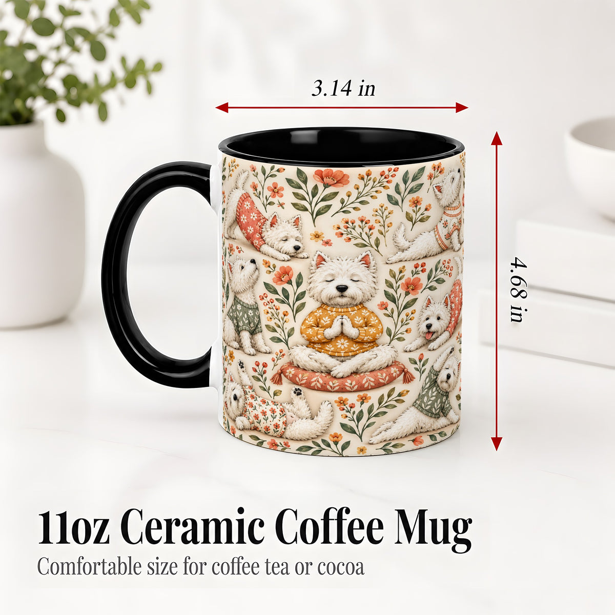 #pl[11oz|Black] White Terrier Accent Mug, Ceramic Mug with Floral Yoga Artwork
