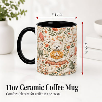 #pl[11oz|Black] White Terrier Accent Mug, Ceramic Mug with Floral Yoga Artwork