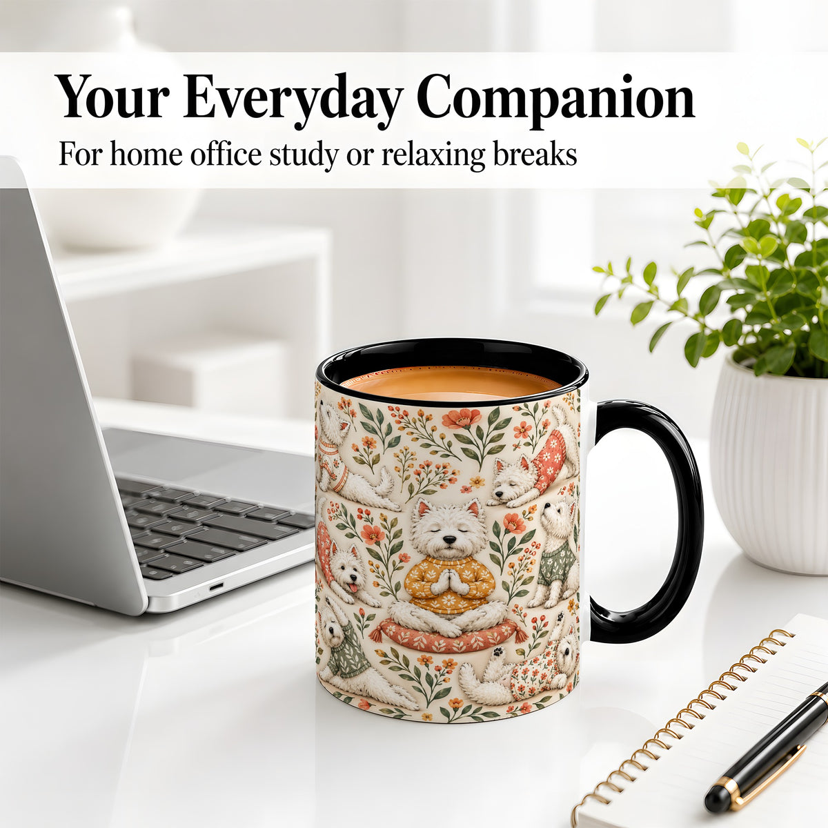 #pl[11oz|Black] White Terrier Accent Mug, Ceramic Mug with Floral Yoga Artwork