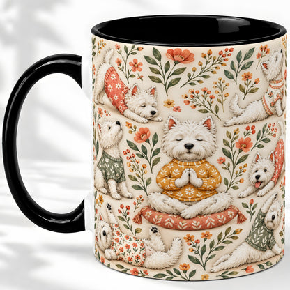 #pl[11oz|Black] White Terrier Accent Mug, Ceramic Mug with Floral Yoga Artwork