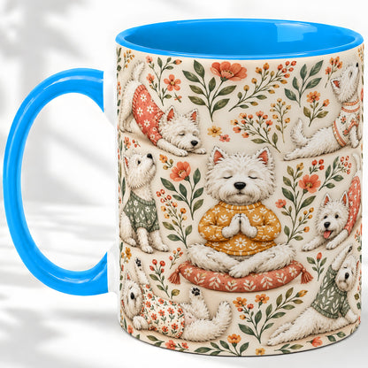 #pl[11oz|Blue] White Terrier Accent Mug, Ceramic Mug with Floral Yoga Artwork