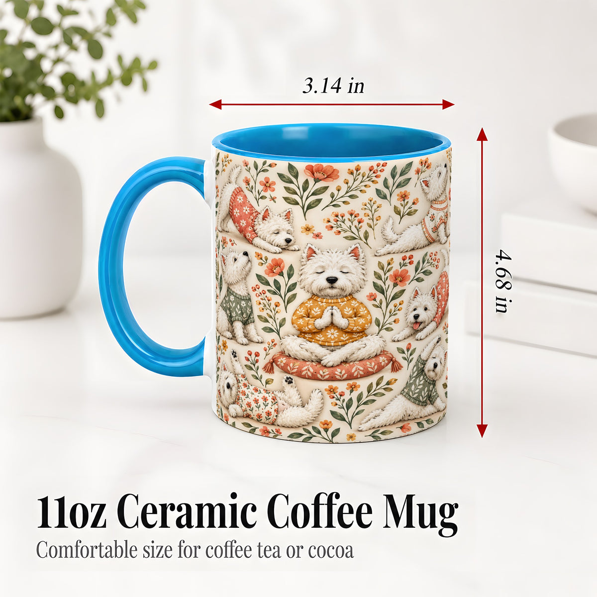 #pl[11oz|Blue] White Terrier Accent Mug, Ceramic Mug with Floral Yoga Artwork
