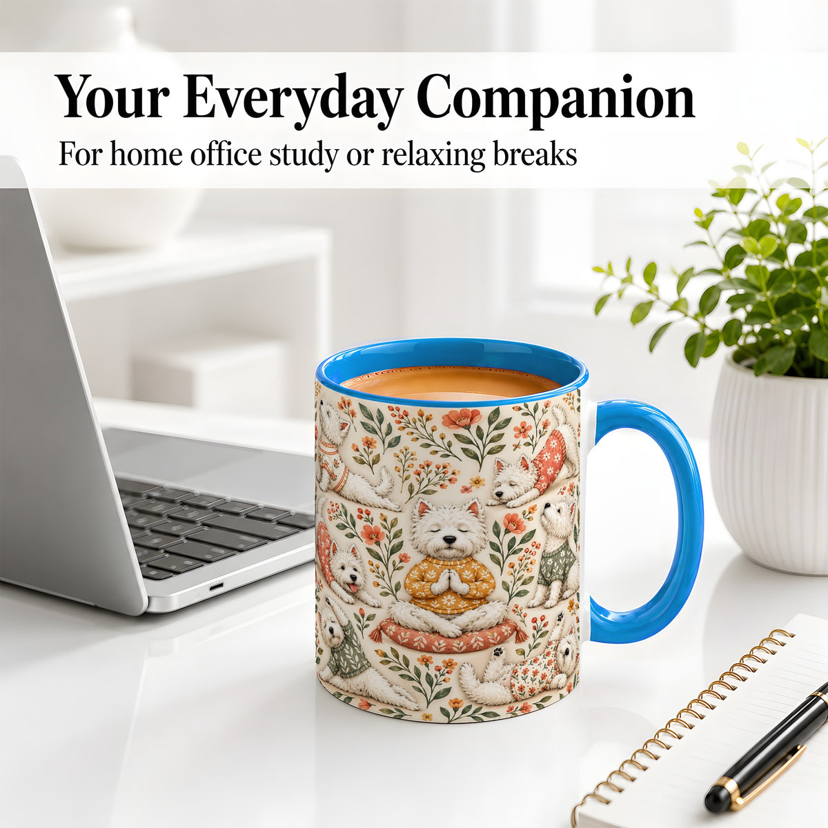 #pl[11oz|Blue] White Terrier Accent Mug, Ceramic Mug with Floral Yoga Artwork