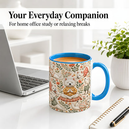 #pl[11oz|Blue] White Terrier Accent Mug, Ceramic Mug with Floral Yoga Artwork