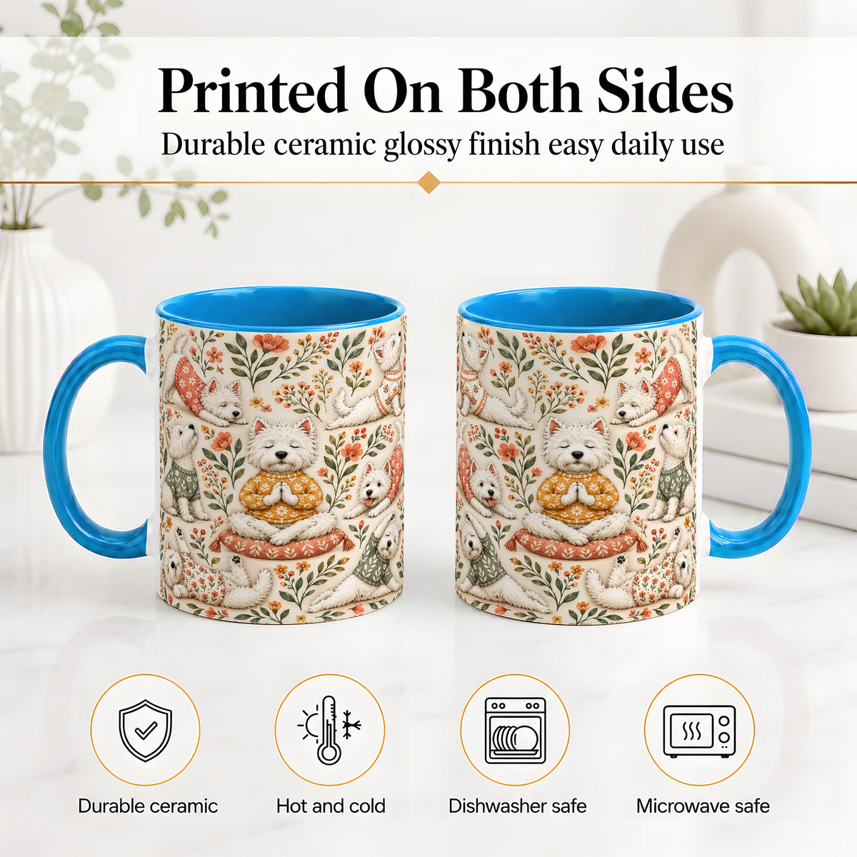 #pl[11oz|Blue] White Terrier Accent Mug, Ceramic Mug with Floral Yoga Artwork