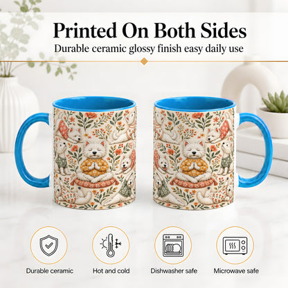 #pl[11oz|Blue] White Terrier Accent Mug, Ceramic Mug with Floral Yoga Artwork
