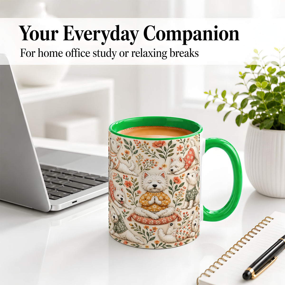 #pl[11oz|Green] White Terrier Accent Mug, Ceramic Mug with Floral Yoga Artwork