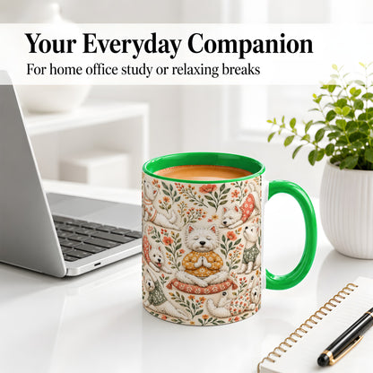 #pl[11oz|Green] White Terrier Accent Mug, Ceramic Mug with Floral Yoga Artwork