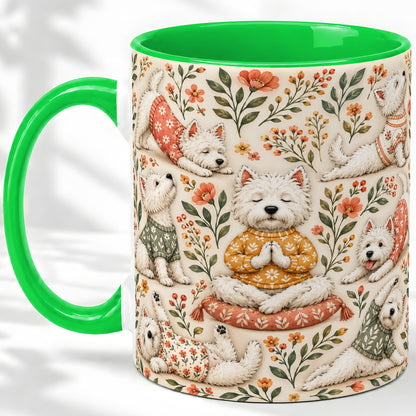 #pl[11oz|Green] White Terrier Accent Mug, Ceramic Mug with Floral Yoga Artwork
