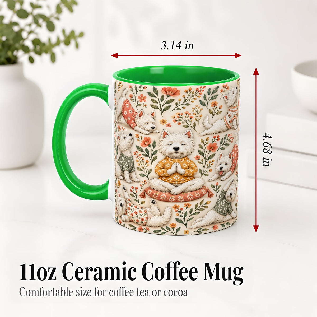 #pl[11oz|Green] White Terrier Accent Mug, Ceramic Mug with Floral Yoga Artwork
