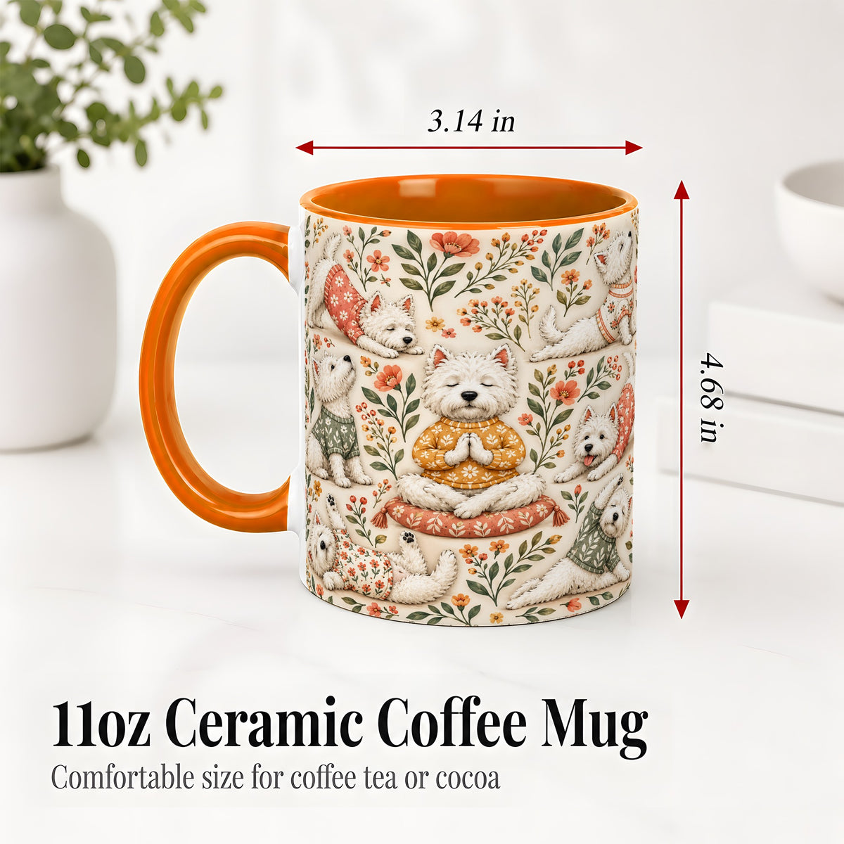 #pl[11oz|Orange] White Terrier Accent Mug, Ceramic Mug with Floral Yoga Artwork