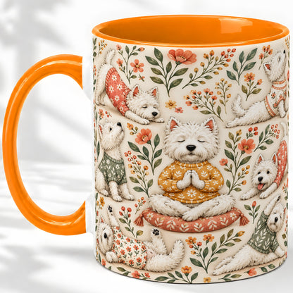 #pl[11oz|Orange] White Terrier Accent Mug, Ceramic Mug with Floral Yoga Artwork