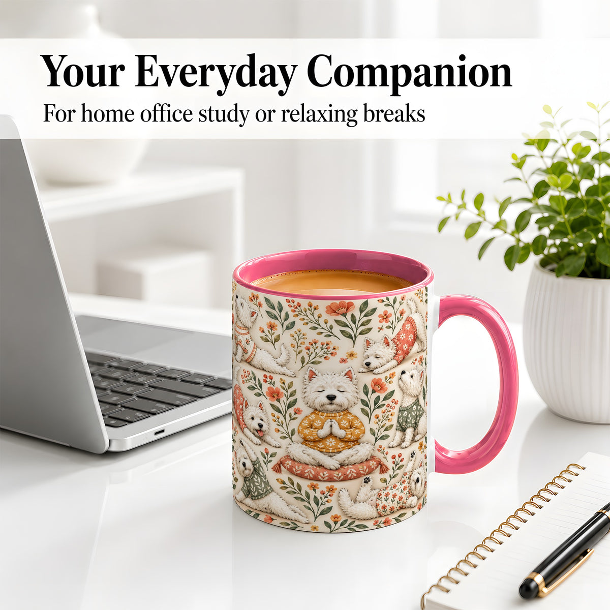 #pl[11oz|Pink] White Terrier Accent Mug, Ceramic Mug with Floral Yoga Artwork