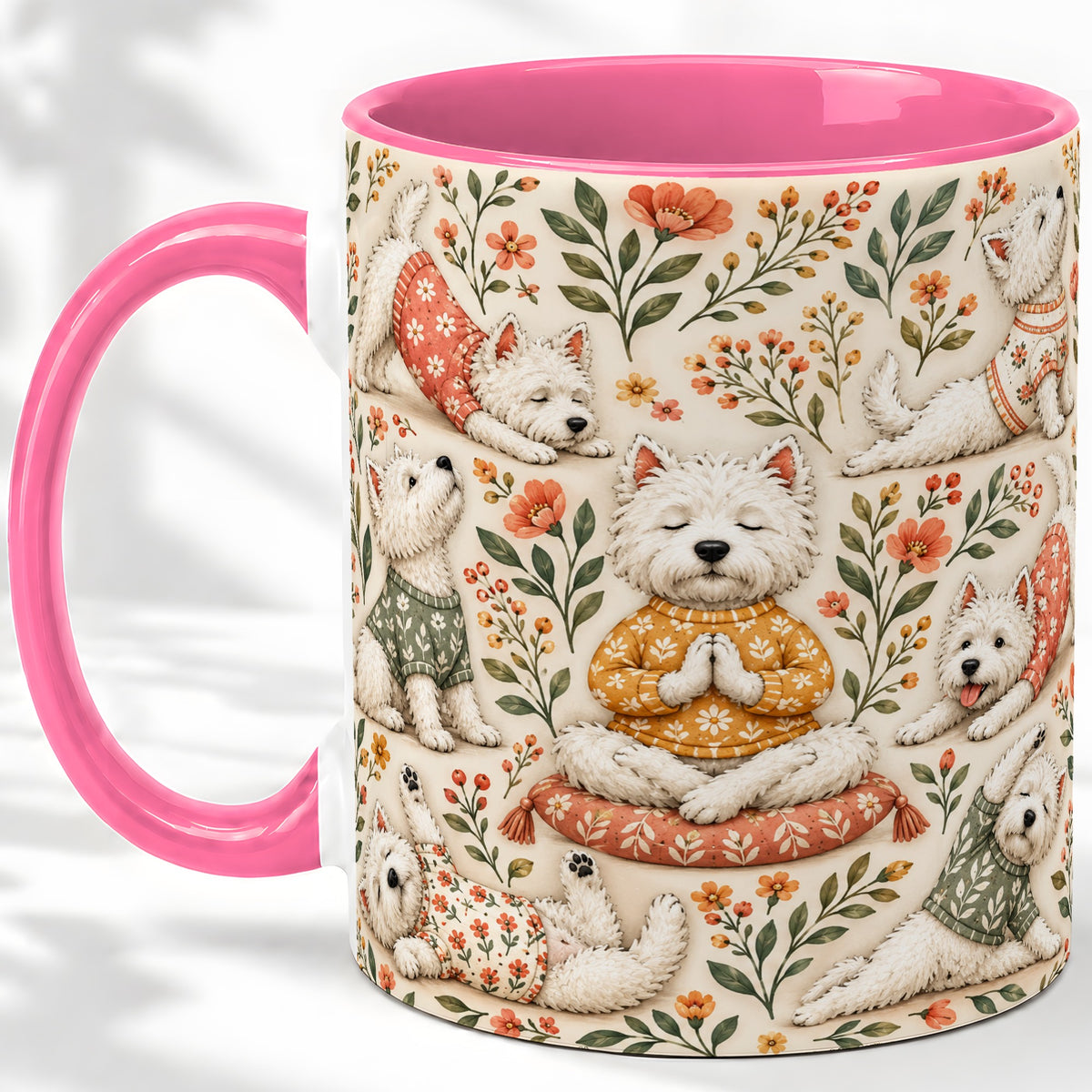 #pl[11oz|Pink] White Terrier Accent Mug, Ceramic Mug with Floral Yoga Artwork