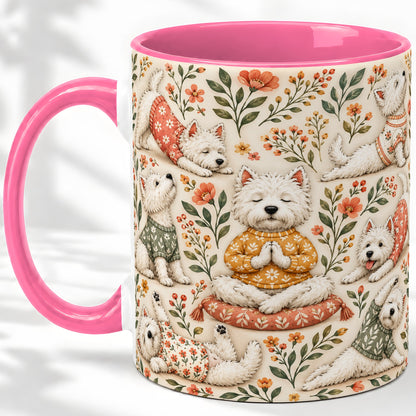 #pl[11oz|Pink] White Terrier Accent Mug, Ceramic Mug with Floral Yoga Artwork