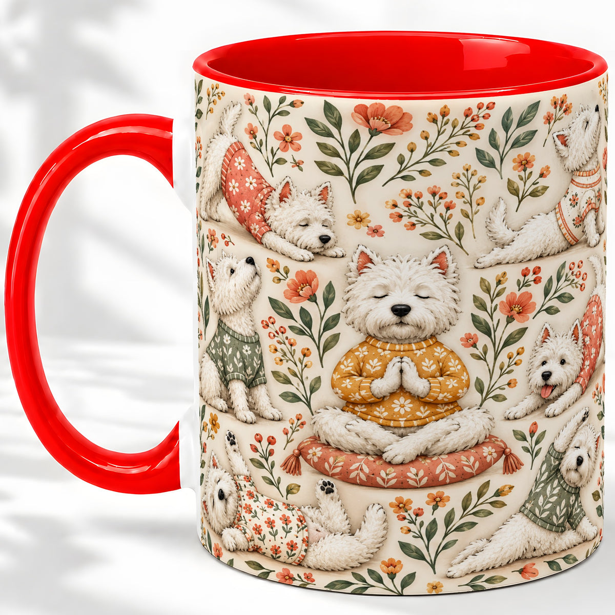 White Terrier Accent Mug, Ceramic Mug with Floral Yoga Artwork