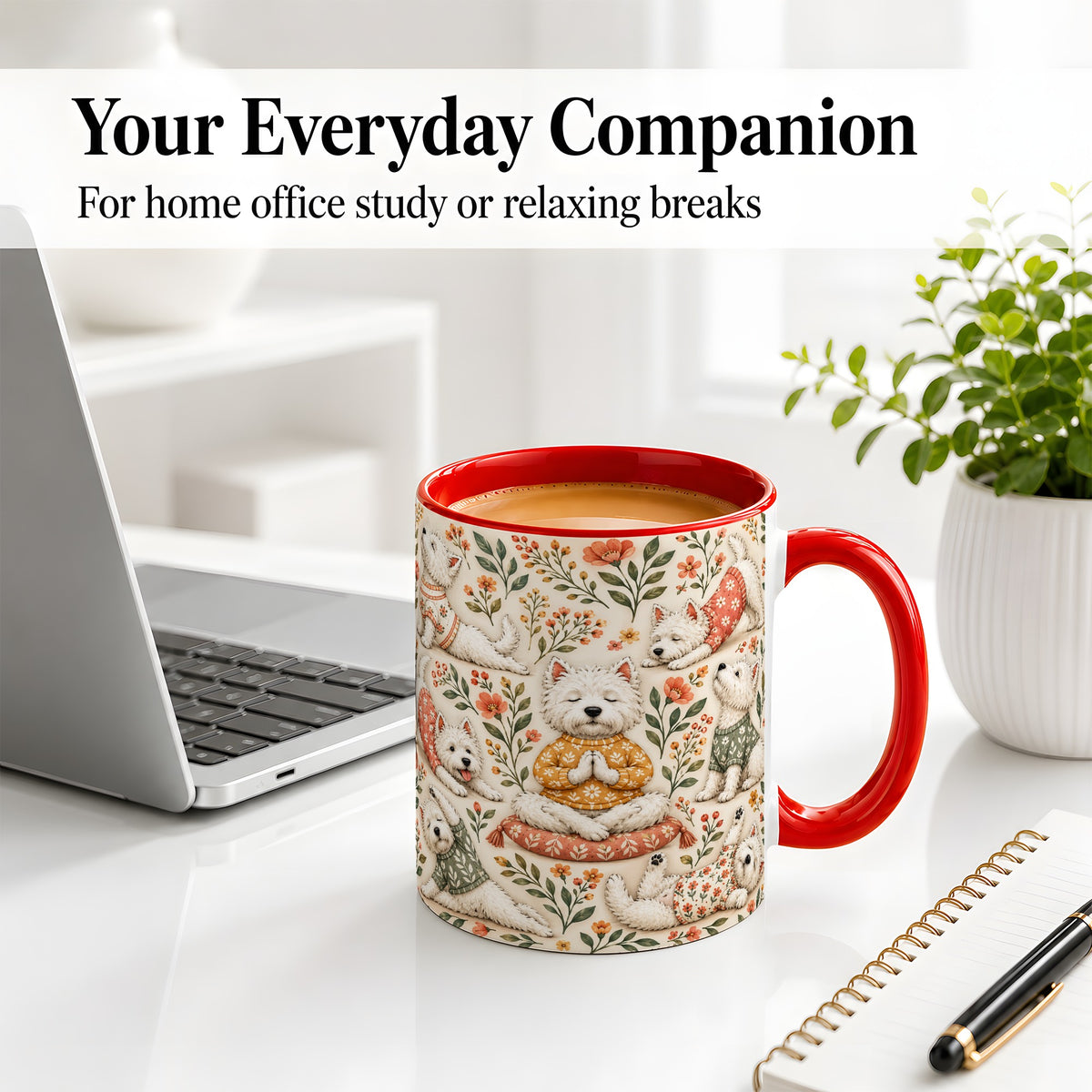 #pl[11oz|Red] White Terrier Accent Mug, Ceramic Mug with Floral Yoga Artwork