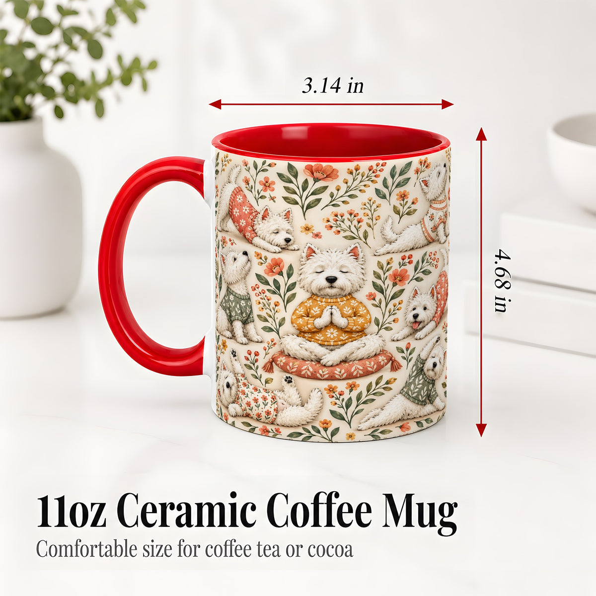 #pl[11oz|Red] White Terrier Accent Mug, Ceramic Mug with Floral Yoga Artwork