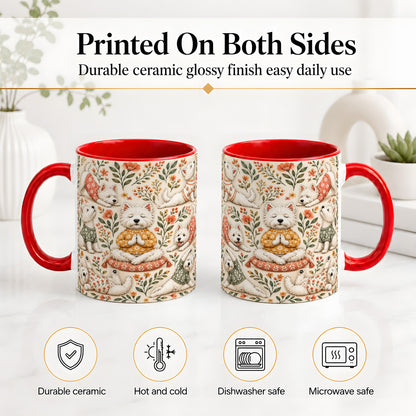 #pl[11oz|Red] White Terrier Accent Mug, Ceramic Mug with Floral Yoga Artwork