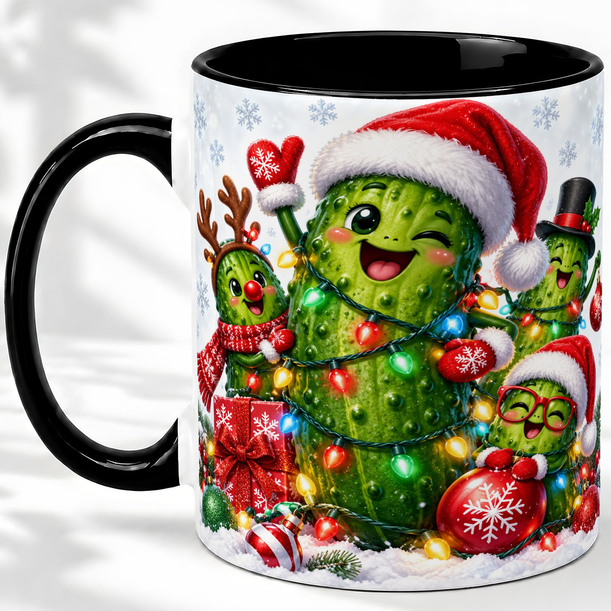 #pl[11oz|Black] Christmas Pickle Accent Mug, Ceramic Mug with Festive Character Art