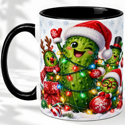 #pl[11oz|Black] Christmas Pickle Accent Mug, Ceramic Mug with Festive Character Art