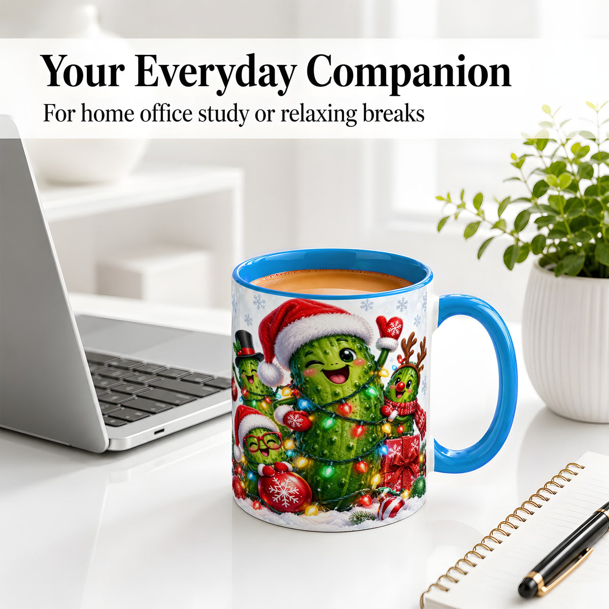 #pl[11oz|Blue] Christmas Pickle Accent Mug, Ceramic Mug with Festive Character Art