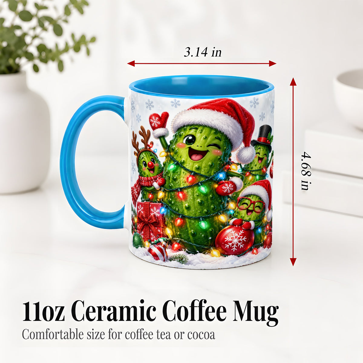 #pl[11oz|Blue] Christmas Pickle Accent Mug, Ceramic Mug with Festive Character Art