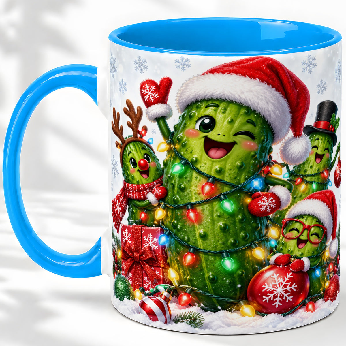 #pl[11oz|Blue] Christmas Pickle Accent Mug, Ceramic Mug with Festive Character Art